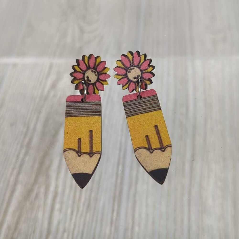 Handmade Womens Floral Pencil Pierced Earrings Yellow Pink Teachers Gift 2.5"